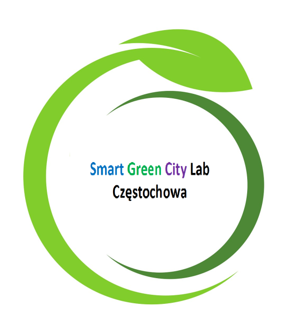 W zielonych okręgach z listkiem napis: "Smart Green City Lab Częstochowa"